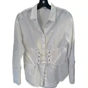 Dizzy Lizzy Women’s White Button Down Shirt Corset Style Waist Sz Small